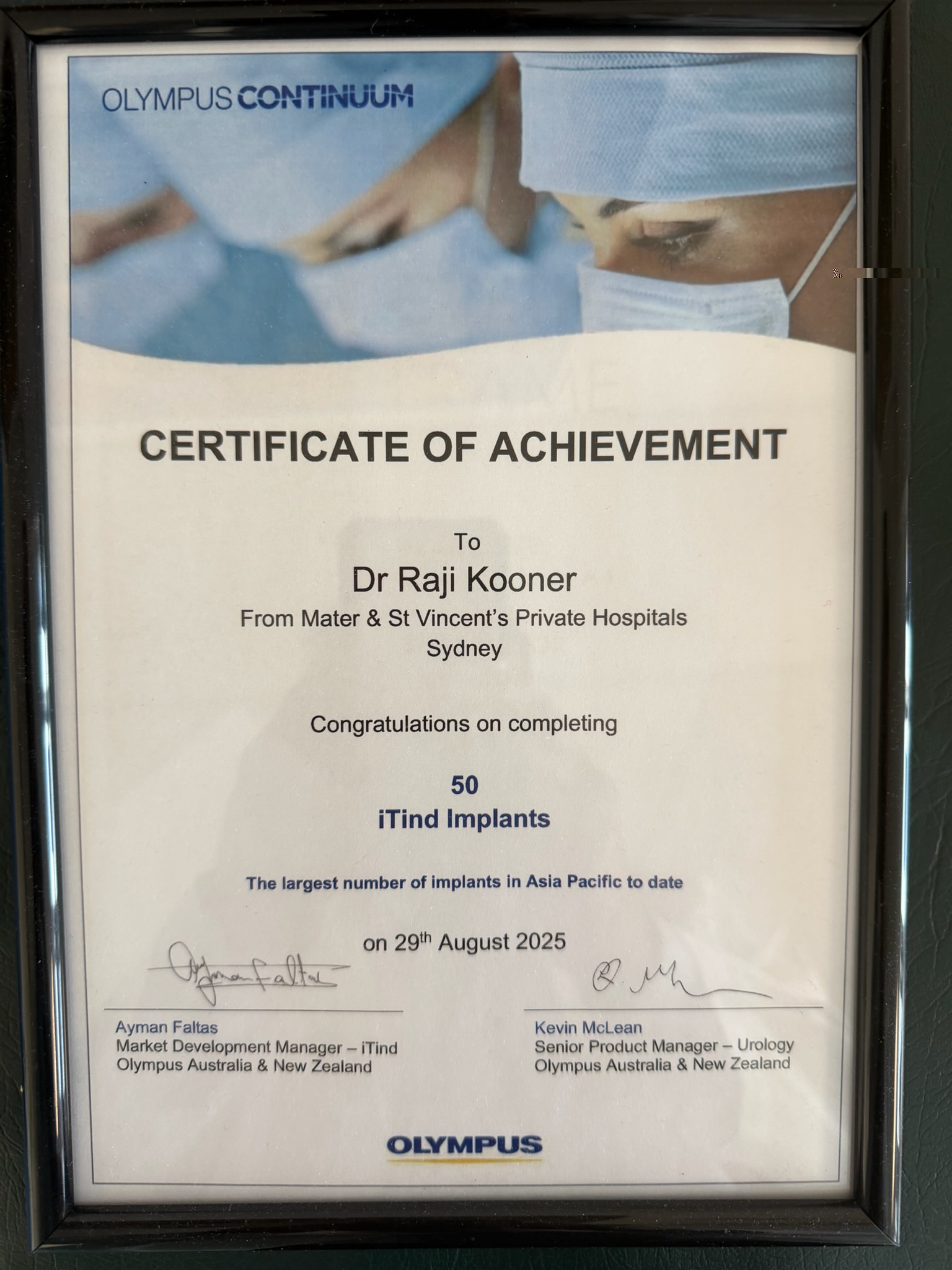 Dr Raji Kooner with Olympus recognition document for 50+ iTind procedures at the Mater Hospital